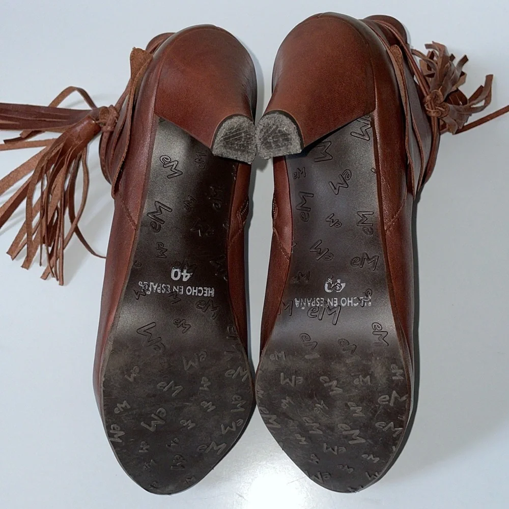 Estefania Marco brown leather heel booties. Tassles. Made in Spain. Size EUR 40.